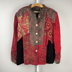 VTG Julia Kim Tapestry Jacket Womens XL Red Gold Ornate Artsy‎ Floral Chenille